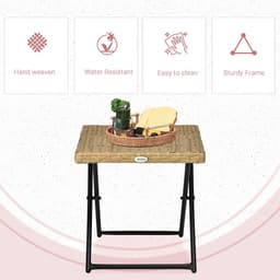 image-Outsunny Folding Square Rattan Coffee Table, Steel Frame Bistro Garden Natural