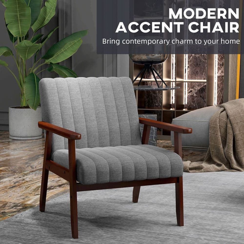 image-HOMCOM Modern Accent Chair Upholstered Armchair for Bedroom Living Room Grey