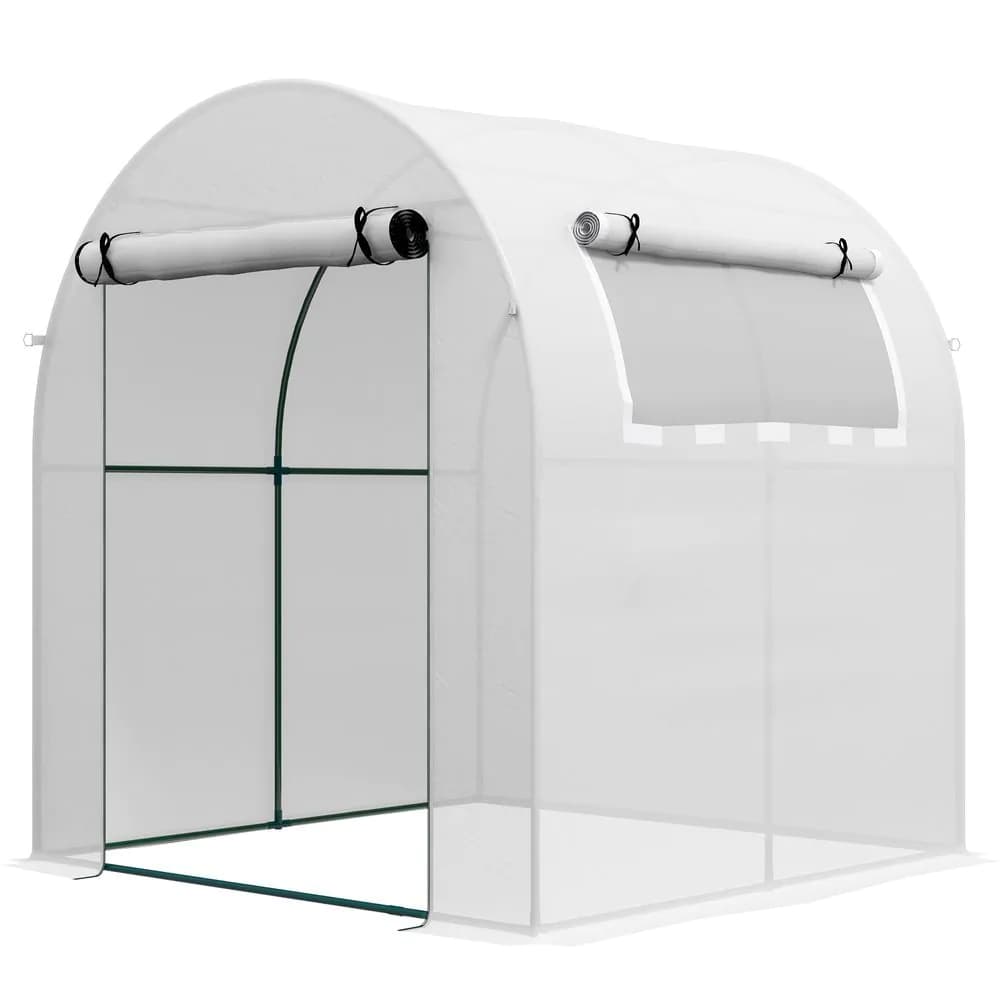 image-Outsunny Walk in Polytunnel Greenhouse with Roll-up Window and Door, White