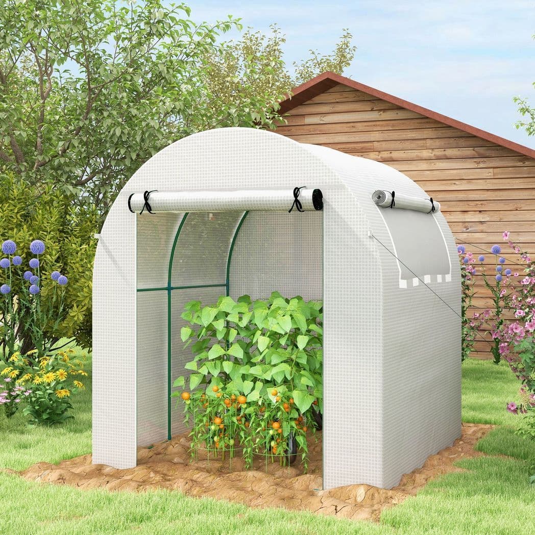 image-Outsunny Walk in Polytunnel Greenhouse with Roll-up Window and Door, White