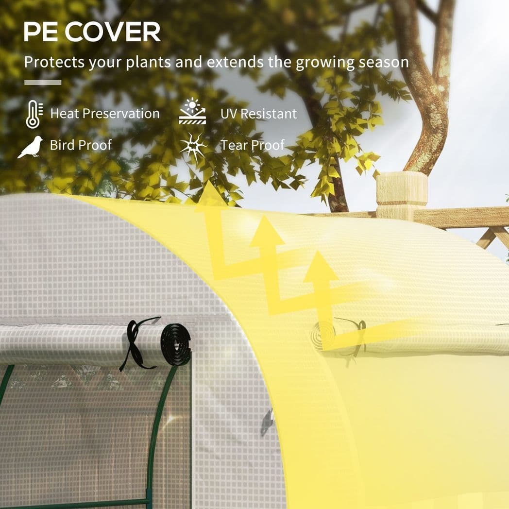 image-Outsunny Walk in Polytunnel Greenhouse with Roll-up Window and Door, White
