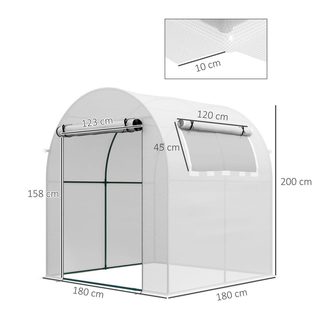 image-Outsunny Walk in Polytunnel Greenhouse with Roll-up Window and Door, White
