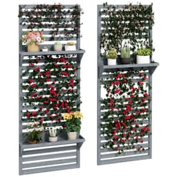 image-Outsunny Wall Mounted Plant Stands Set of 2 with Shelves and Slatted Trellis