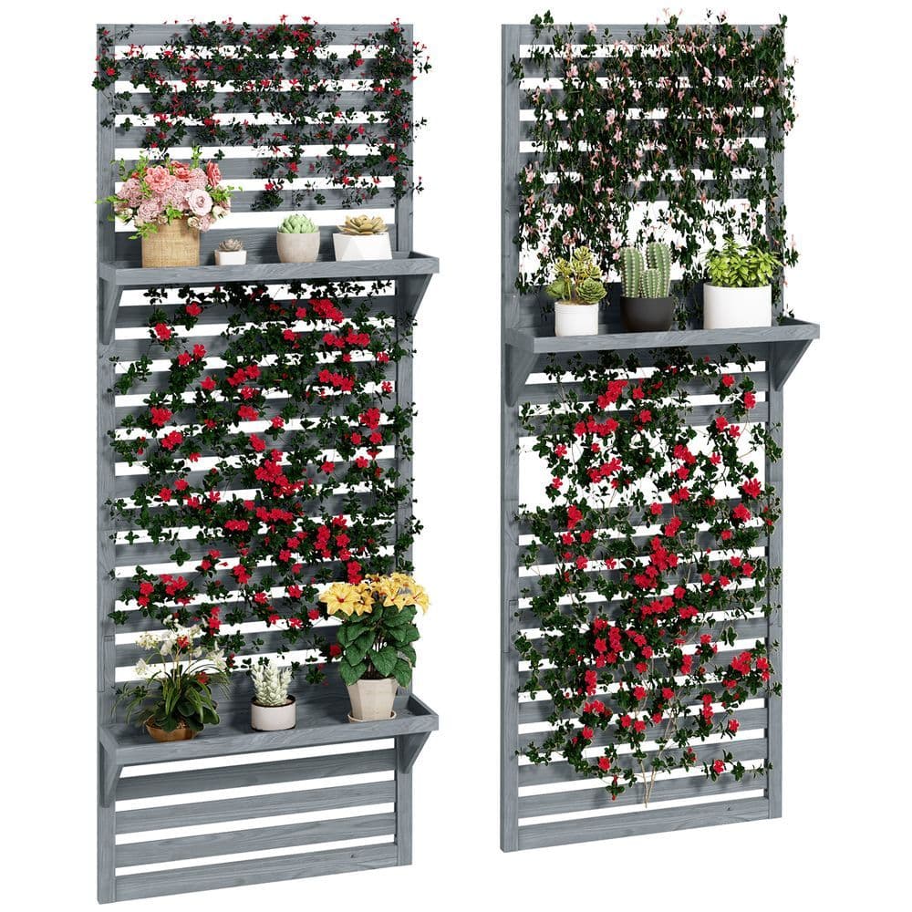 image-Outsunny Wall Mounted Plant Stands Set of 2 with Shelves and Slatted Trellis