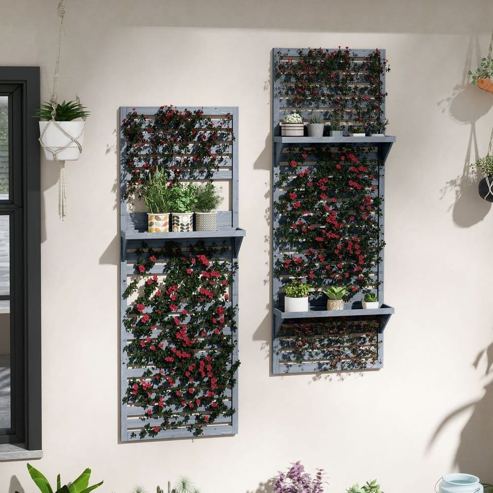 image-Outsunny Wall Mounted Plant Stands Set of 2 with Shelves and Slatted Trellis