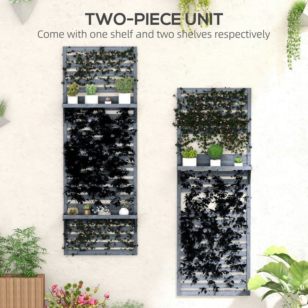 image-Outsunny Wall Mounted Plant Stands Set of 2 with Shelves and Slatted Trellis
