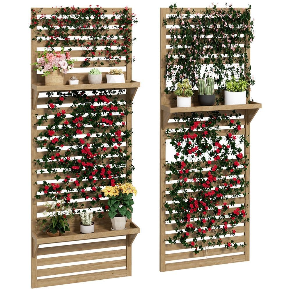 image-Outsunny Wall Mounted Plant Stands Set of 2 with Shelves and Slatted Trellis