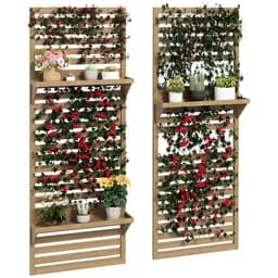 image-Outsunny Wall Mounted Plant Stands Set of 2 with Shelves and Slatted Trellis