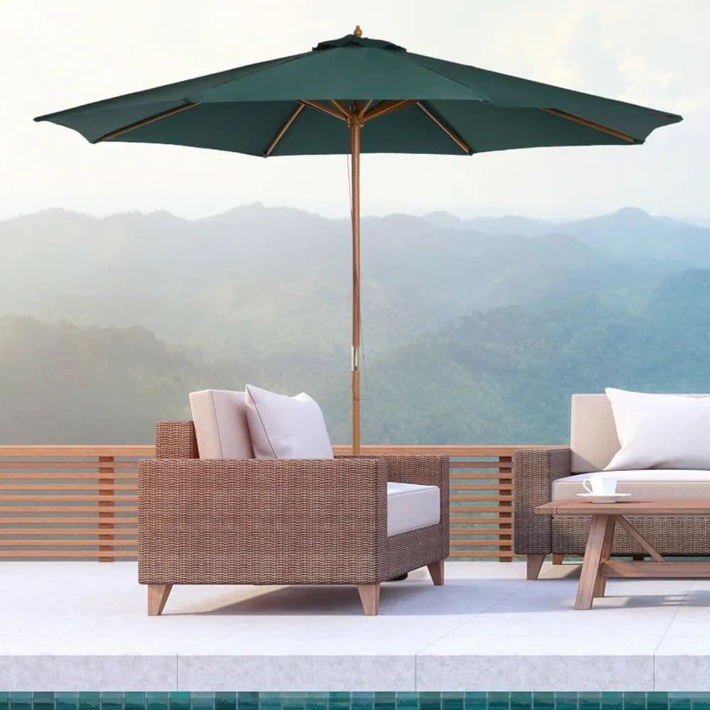 image-Outsunny Wooden Garden Parasol with Rope Pulley Mechanism and 8 Ribs Dark Green