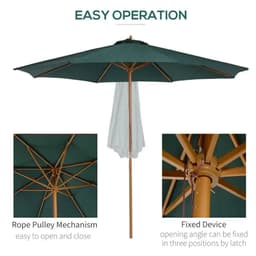 image-Outsunny Wooden Garden Parasol with Rope Pulley Mechanism and 8 Ribs Dark Green