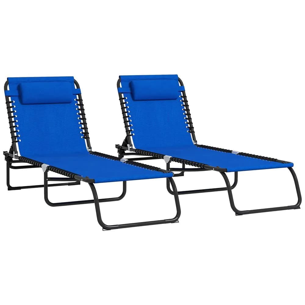 image-Outsunny 2 Pcs Folding Beach Chair Chaise Lounge 4 Adjustable Positions, Blue