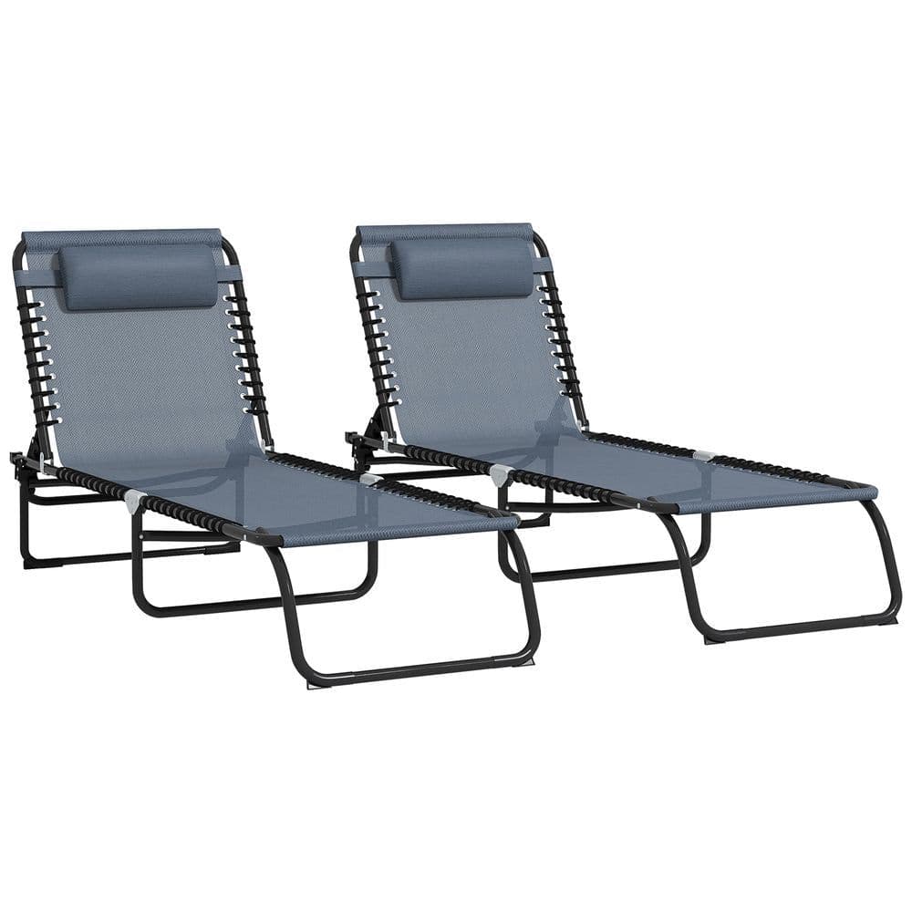 image-Outsunny 2 Pcs Folding Beach Chair Chaise Lounge 4 Adjustable Positions, Grey