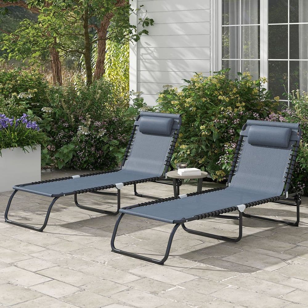 image-Outsunny 2 Pcs Folding Beach Chair Chaise Lounge 4 Adjustable Positions, Grey