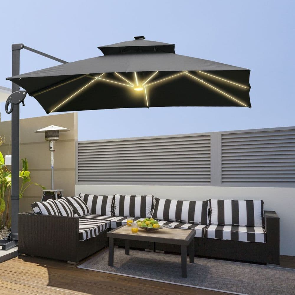 image-Outsunny 3 x 3(m) Cantilever Umbrella Power Bank Solar Cold Light Dark Grey