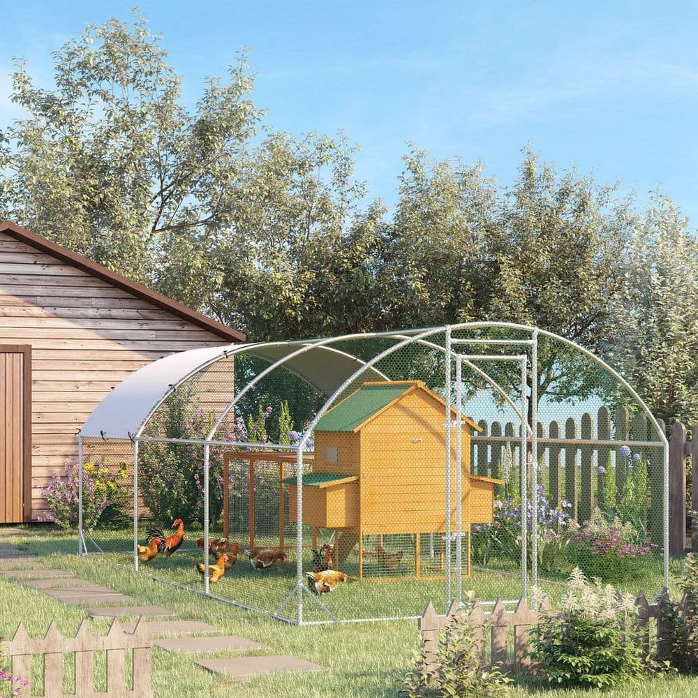 image-PawHut Walk-In Chicken Run Galvanised Chicken Coop with Cover 2.8 x 1.9 x 2m