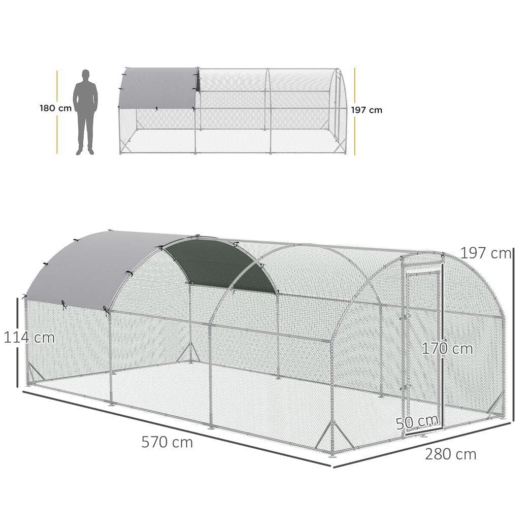 image-PawHut Walk-In Chicken Run Galvanised Chicken Coop with Cover 2.8 x 1.9 x 2m