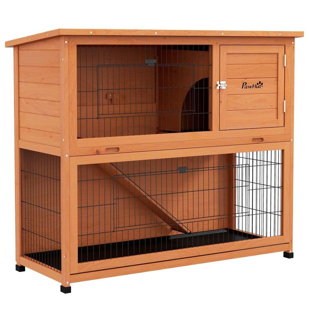 image-PawHut Wooden Rabbit Hutch Antiseptic Outdoor, for 1-2 Rabbits, Orange