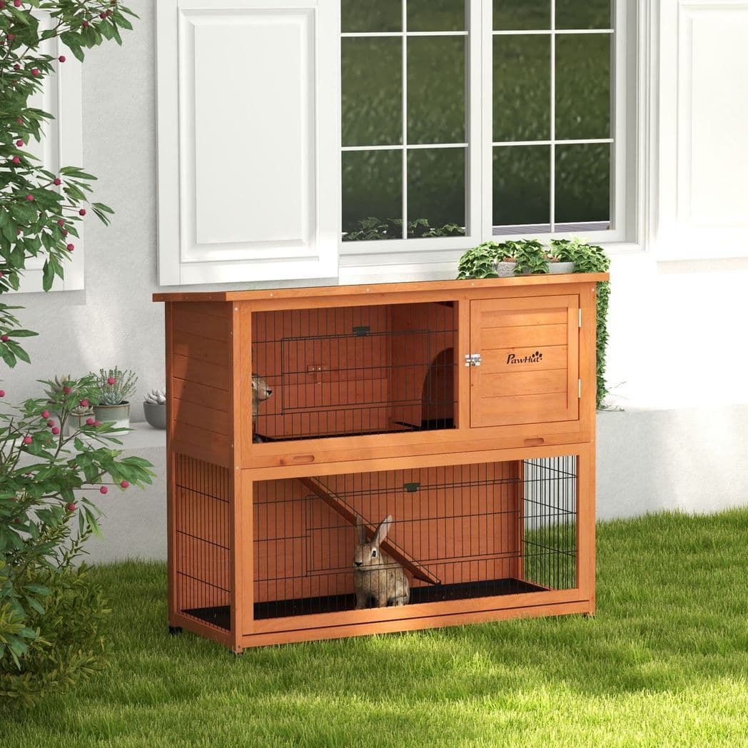 image-PawHut Wooden Rabbit Hutch Antiseptic Outdoor, for 1-2 Rabbits, Orange