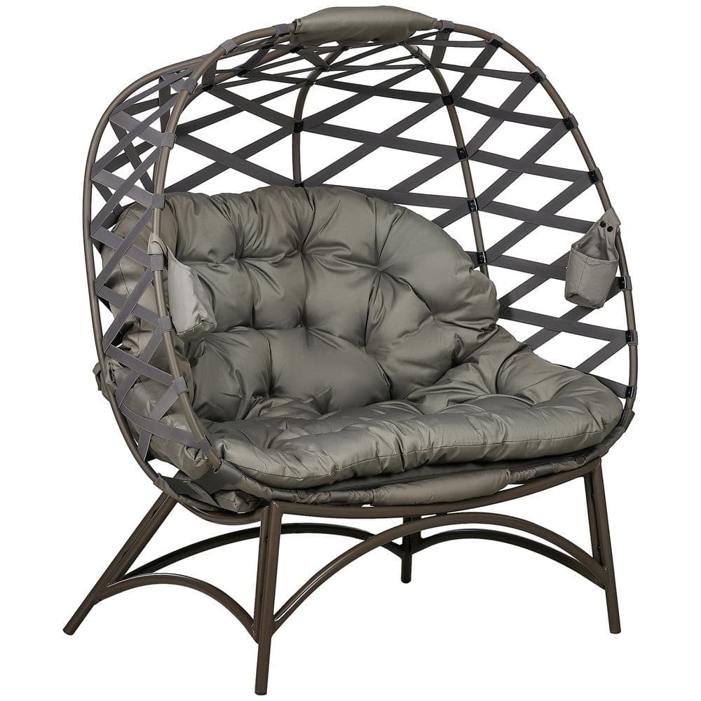 image-Outsunny 2 Seater Egg Chair Outdoor with Cushion, Cup Pockets - Sand Brown