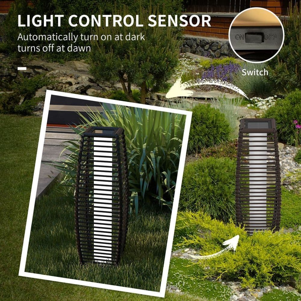 image-Outsunny Rattan Solar Floor Lamp with Auto On/Off LED Light for Porch Yard Brown