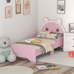image-ZONEKIZ Toddler Bed Frame Cat Design Kids Bed with Guardrails - Pink