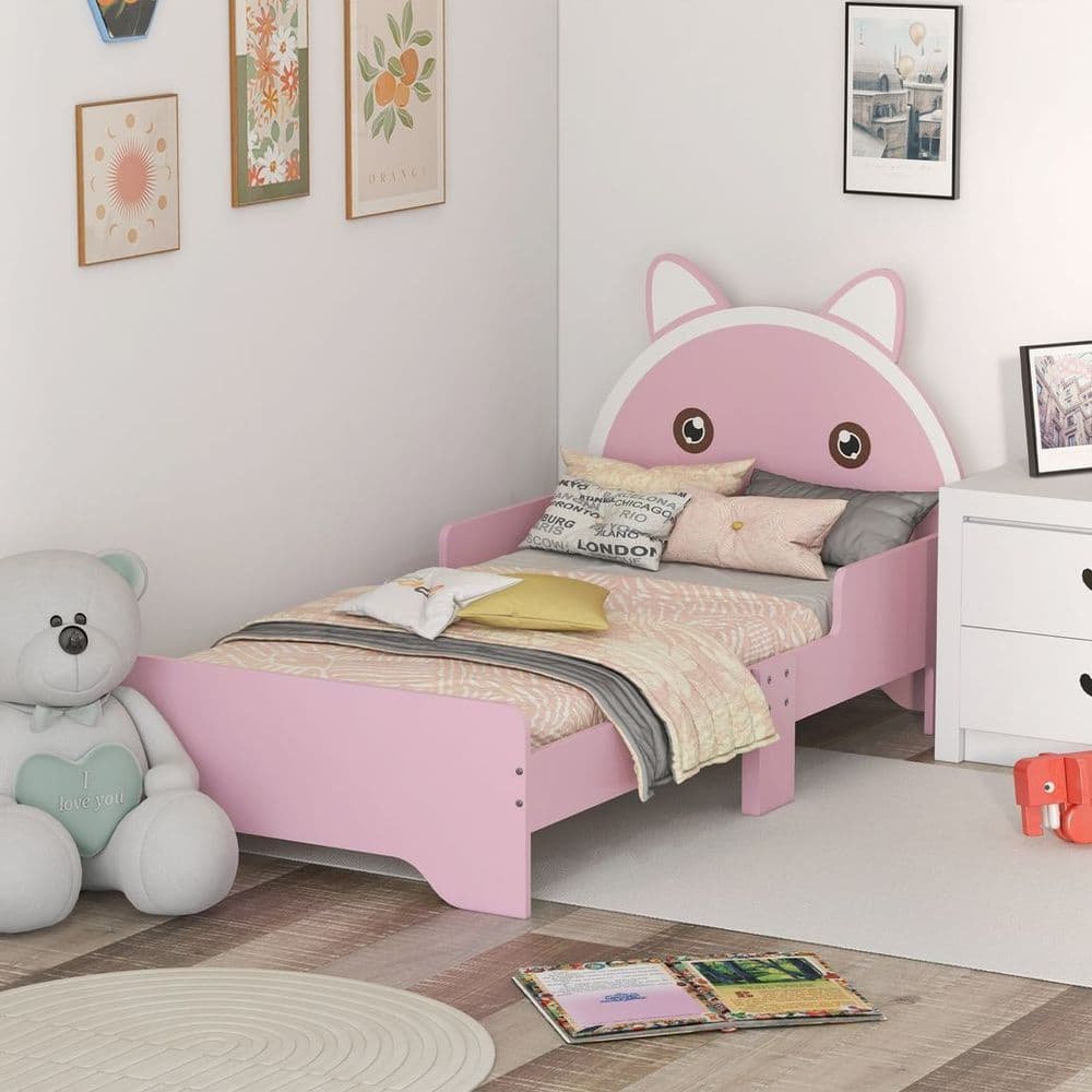 image-ZONEKIZ Toddler Bed Frame Cat Design Kids Bed with Guardrails - Pink