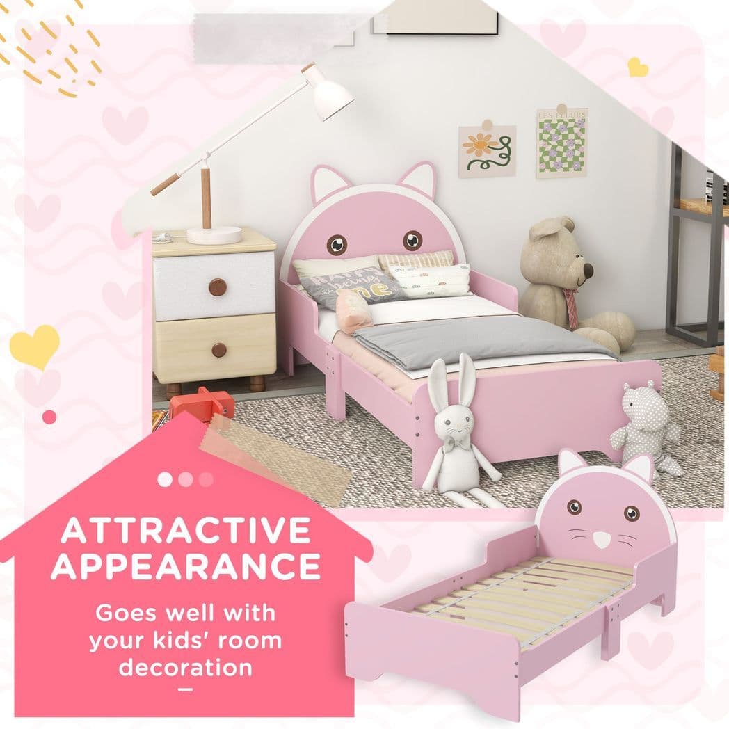 image-ZONEKIZ Toddler Bed Frame Cat Design Kids Bed with Guardrails - Pink