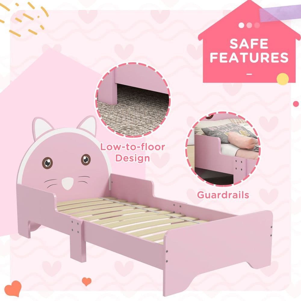 image-ZONEKIZ Toddler Bed Frame Cat Design Kids Bed with Guardrails - Pink