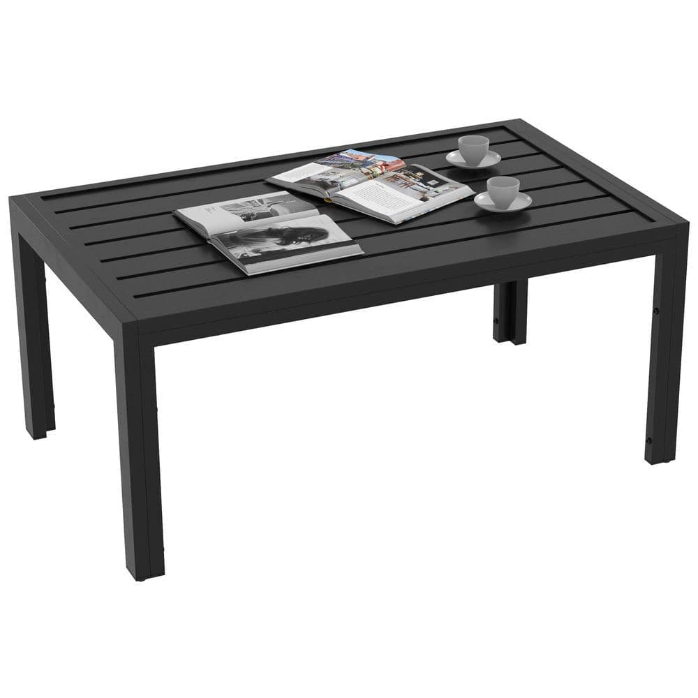 image-Outsunny Outdoor Side Table Garden Table with Steel Frame and Slat Top Black
