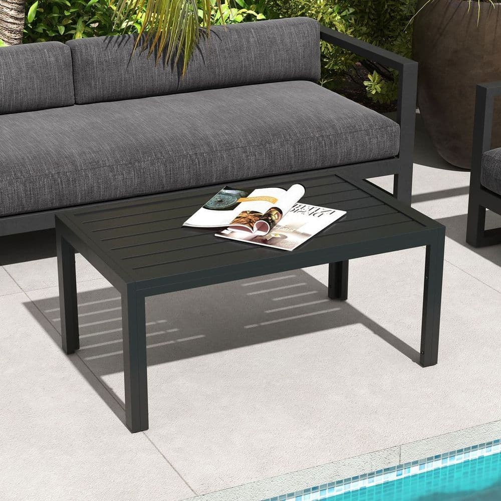image-Outsunny Outdoor Side Table Garden Table with Steel Frame and Slat Top Black