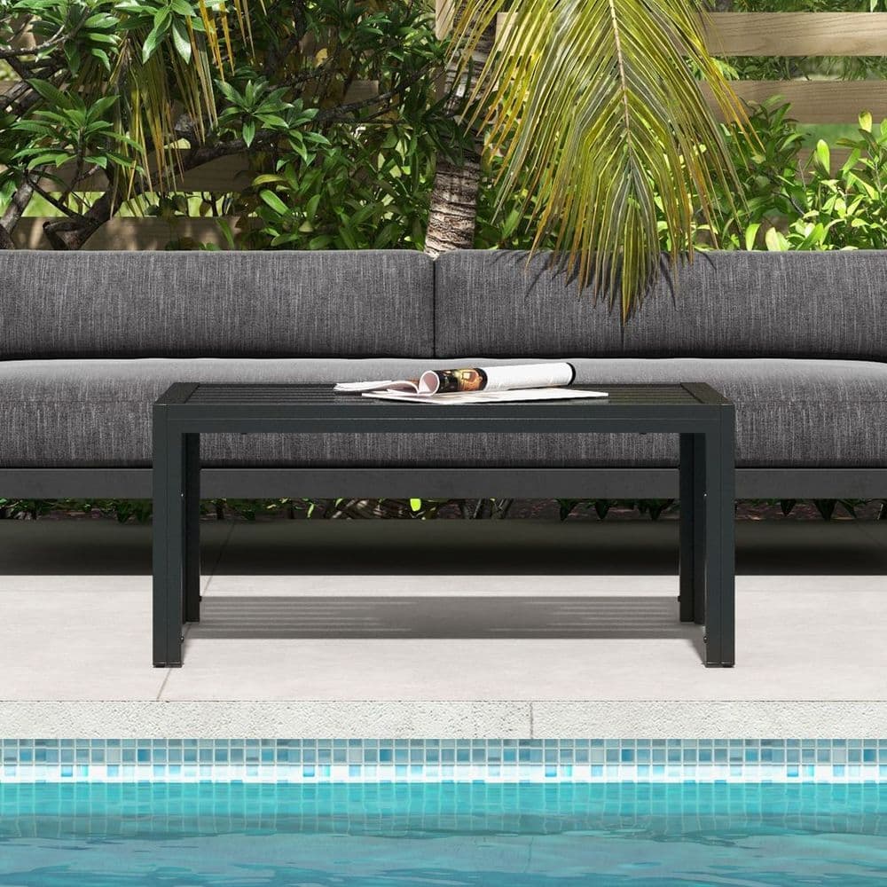 image-Outsunny Outdoor Side Table Garden Table with Steel Frame and Slat Top Black