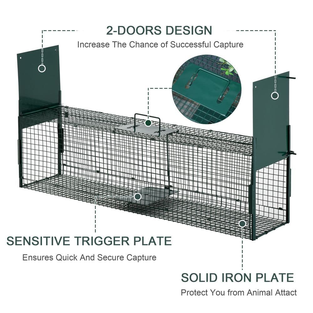 image-PawHut 2-Door Humane Live Cage Trap for Small Animal Easy Set, Dark Green