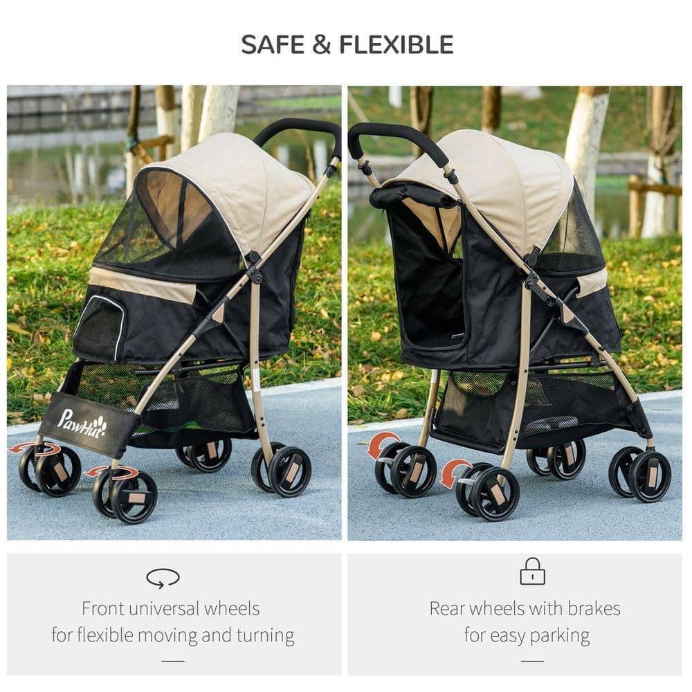 image-PawHut Pet Stroller for XS and S Dogs with Rain Cover - Khaki