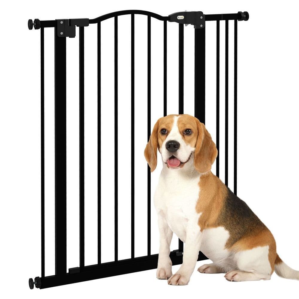 image-PawHut 74-87cm Adjustable Metal Pet Gate Safety Barrier w/ Auto-Close Door Black