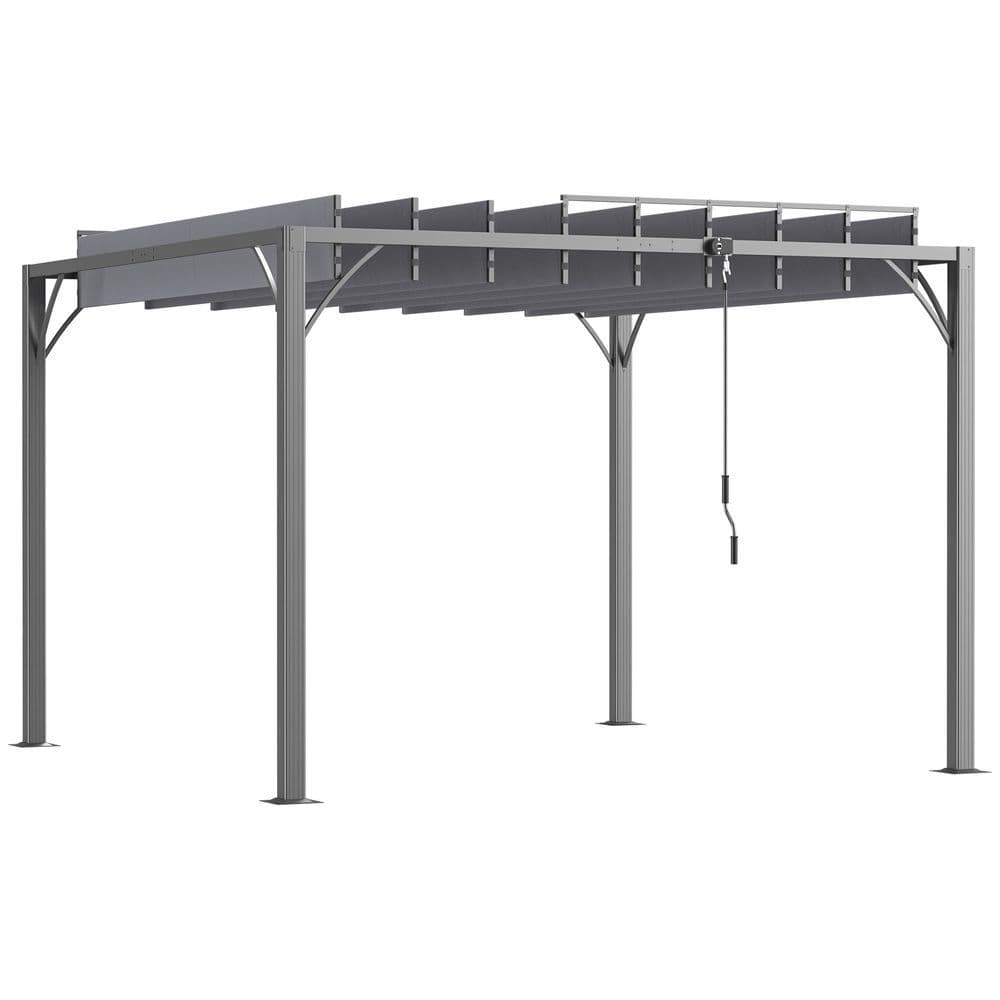 image-Outsunny 3 x 3(m) Outdoor Louvered Metal Pergola with Retractable Roof, Grey