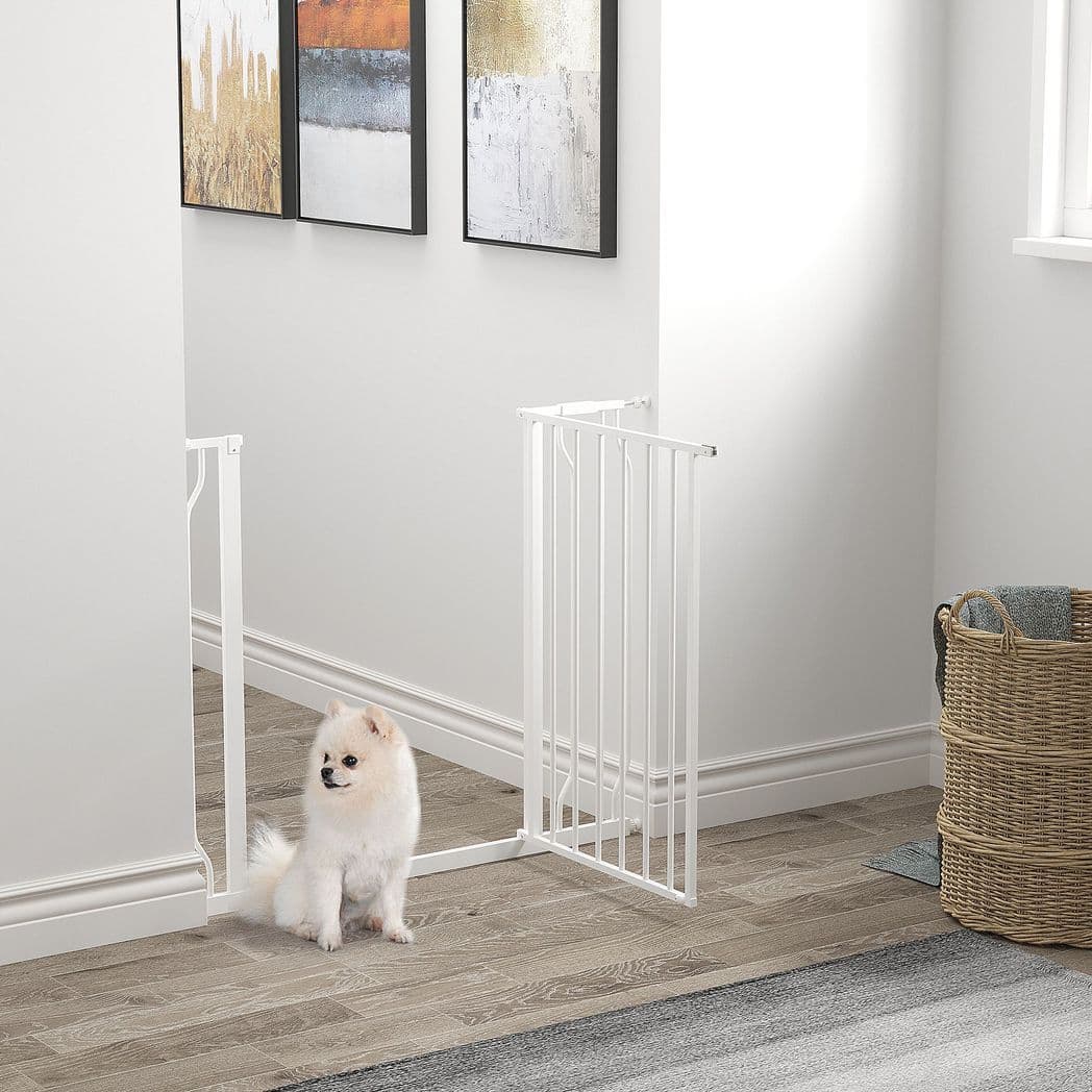 image-PawHut Dog Gate Wide Stair Gate with Door Pressure Fit, 75-95W cm, White