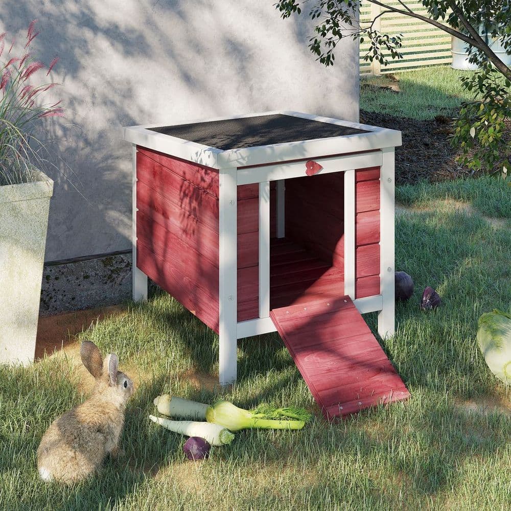 image-PawHut Wooden Rabbit Hutch Bunny Cage Guinea Pig House Pet Habitat Ferret Red