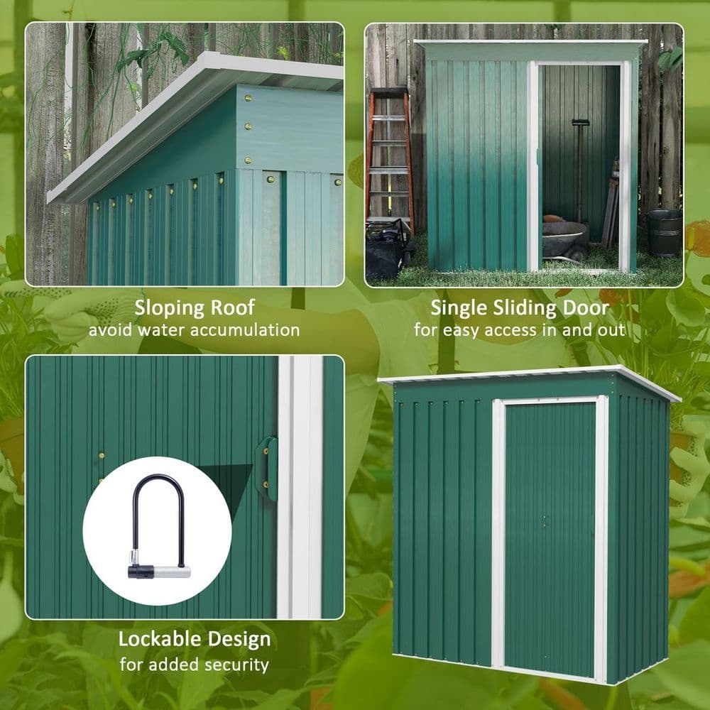 image-Outsunny 5 x 3ft Garden Storage Shed Sliding Door Sloped Roof Tool Green