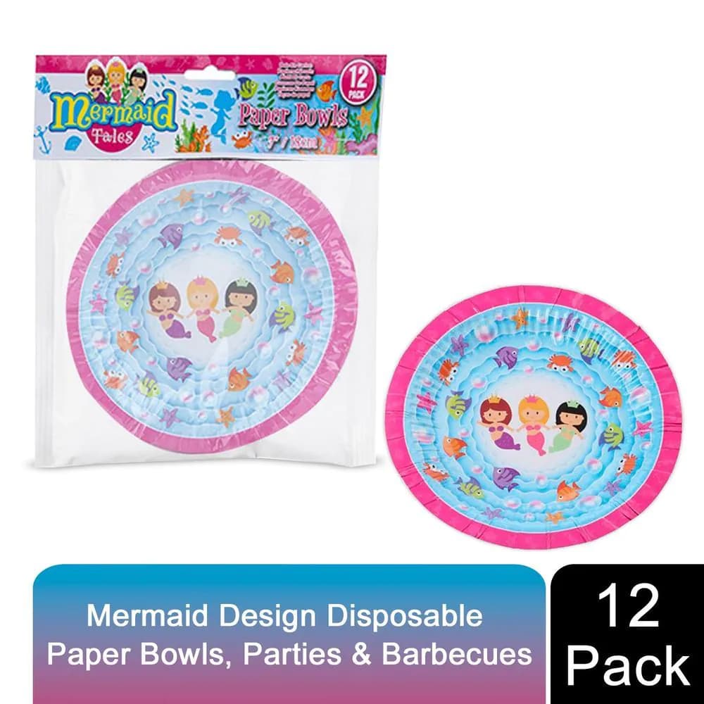 image-Mermaid Design 7Inch 12 Disposable Paper Bowls For Picnics, Parties & Barbecues