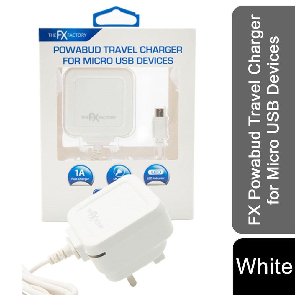 image-FX Mains Charger Powabud for USB 1A&MicroUSB Devices for Micro USB Devices-White