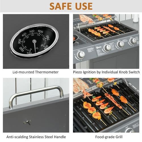 image-Outsunny Gas Barbecue Grill 3+1 Burner Garden BBQ w/ Large Cooking Area