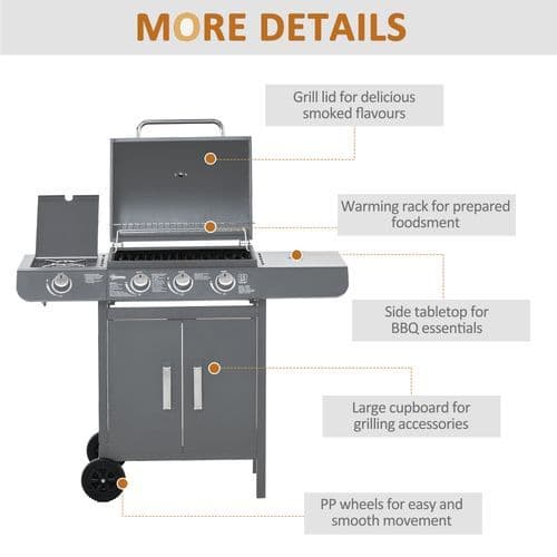 image-Outsunny Gas Barbecue Grill 3+1 Burner Garden BBQ w/ Large Cooking Area
