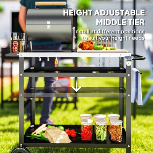 image-Outsunny BBQ Trolley with Stainless Steel Top, Movable Pizza Table, Black