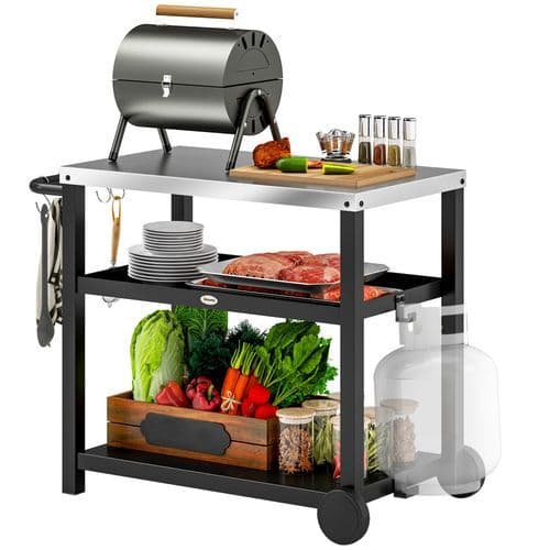 image-Outsunny Outdoor BBQ Table with 2-Tier Shelf, Outdoor Kitchen, Charcoal Grey