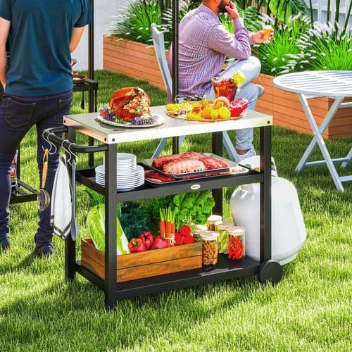 image-Outsunny Outdoor BBQ Table with 2-Tier Shelf, Outdoor Kitchen, Charcoal Grey