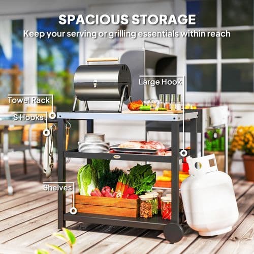 image-Outsunny Outdoor BBQ Table with 2-Tier Shelf, Outdoor Kitchen, Charcoal Grey