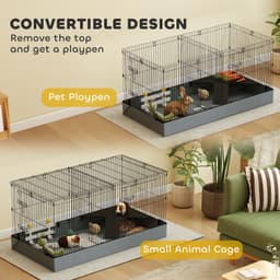 image-PawHut 2-in-1 Guinea Pig Cage & Pet Playpen - Black/Grey