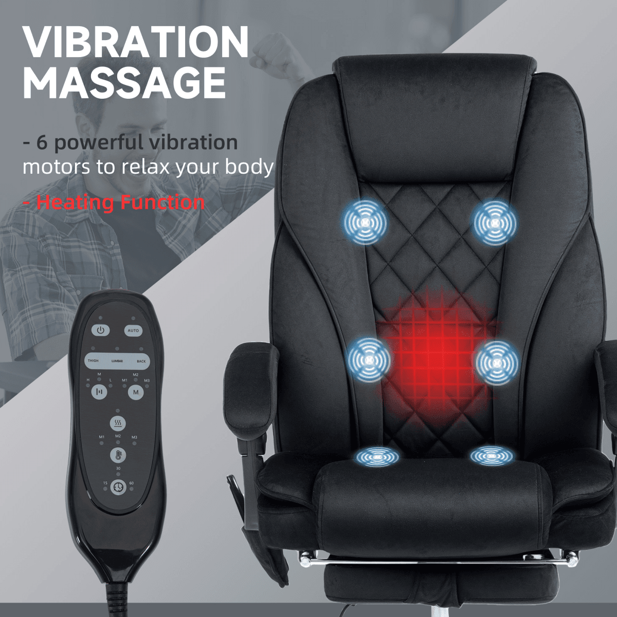 image-Vinsetto Massage Office Chair - Black Heated Reclining Velvet
