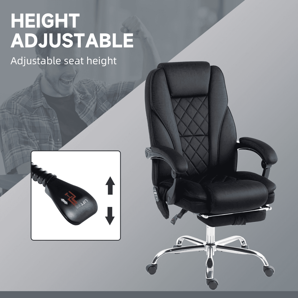 image-Vinsetto Massage Office Chair - Black Heated Reclining Velvet