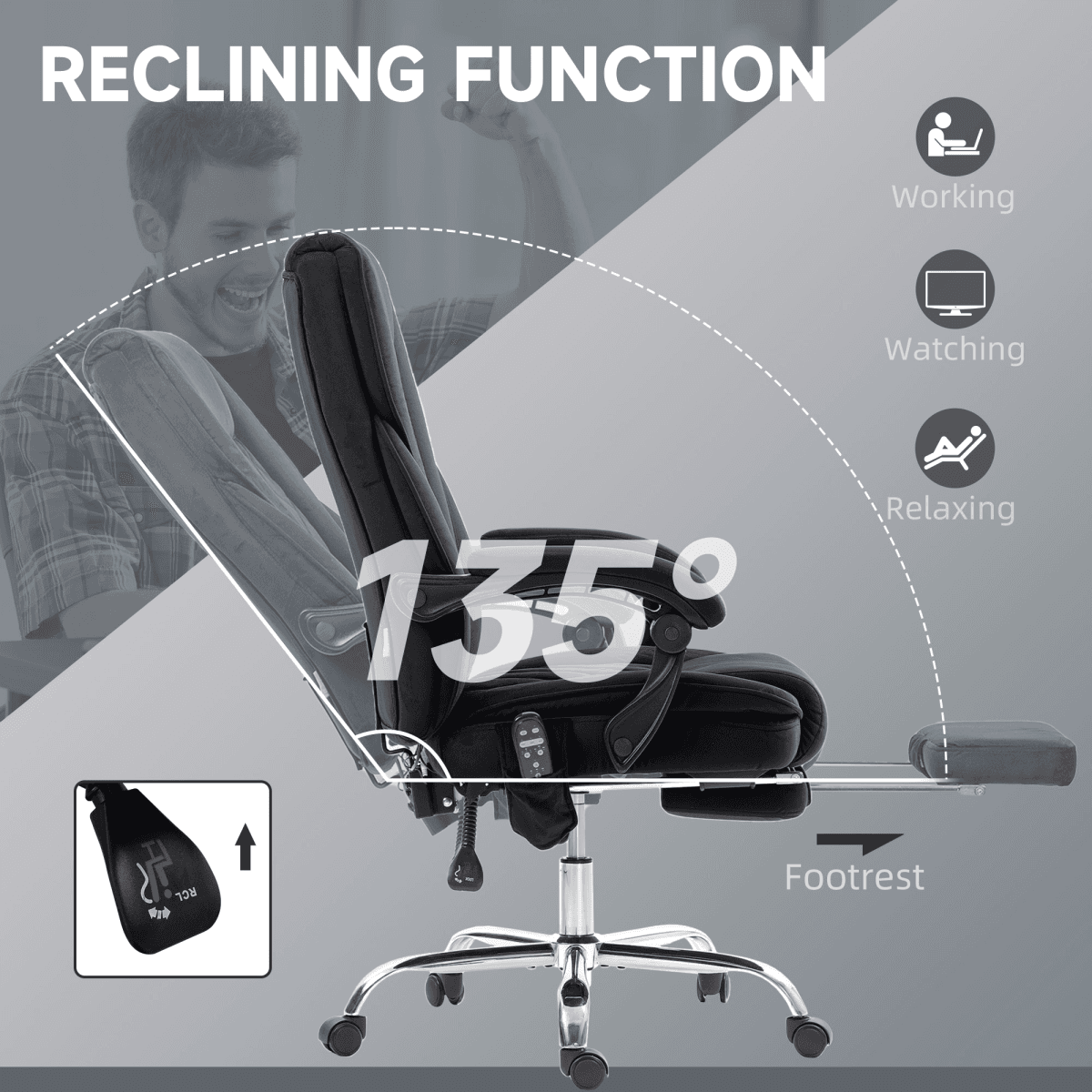 image-Vinsetto Massage Office Chair - Black Heated Reclining Velvet
